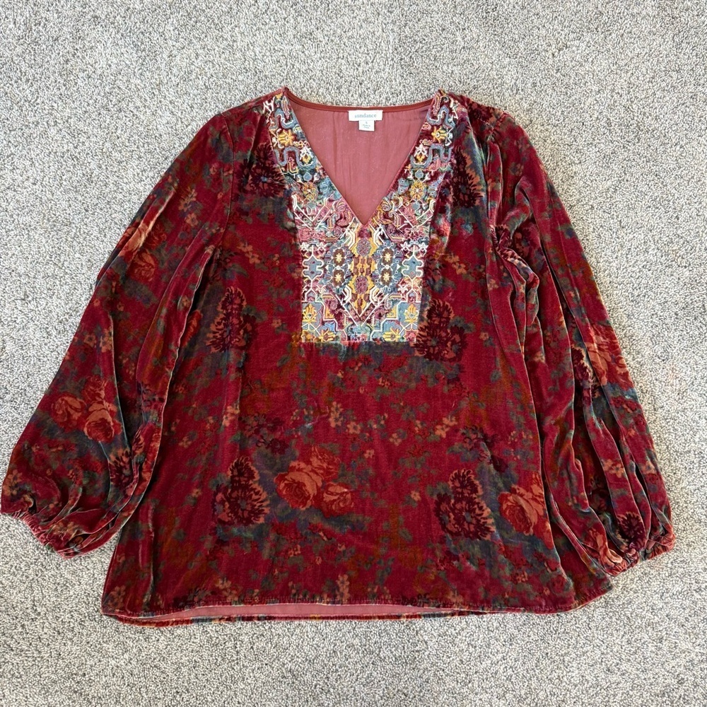 Sundance Velvet Floral Embroidered Top Burgundy Boho Hippie Loose Fit Women’s S